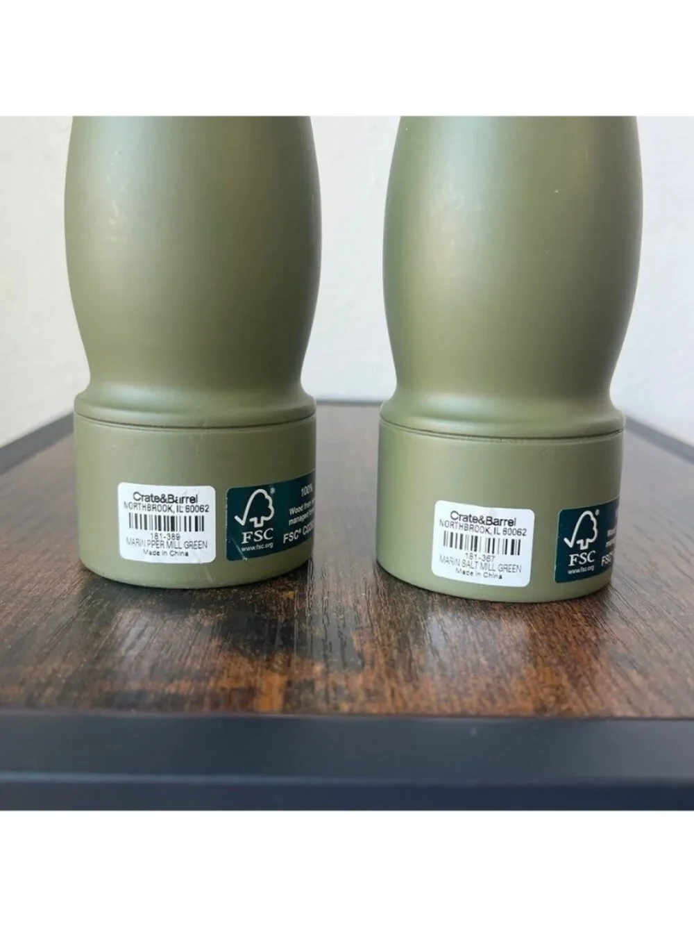 Crate & Barrel Marin Green Desert Wood Salt Pepper Grinder Mill Set